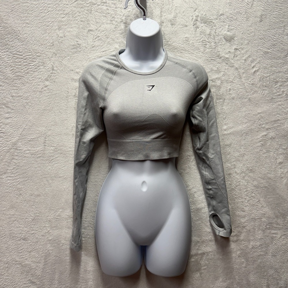Gymshark Flex Sports Crop Top Women Small Gray Thumbhole Sleeve Gym Keyhole Back